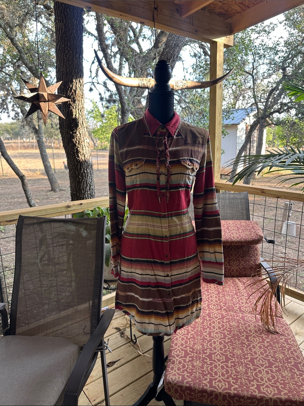 Striped Button-Front Mini Dress in Red and Brown